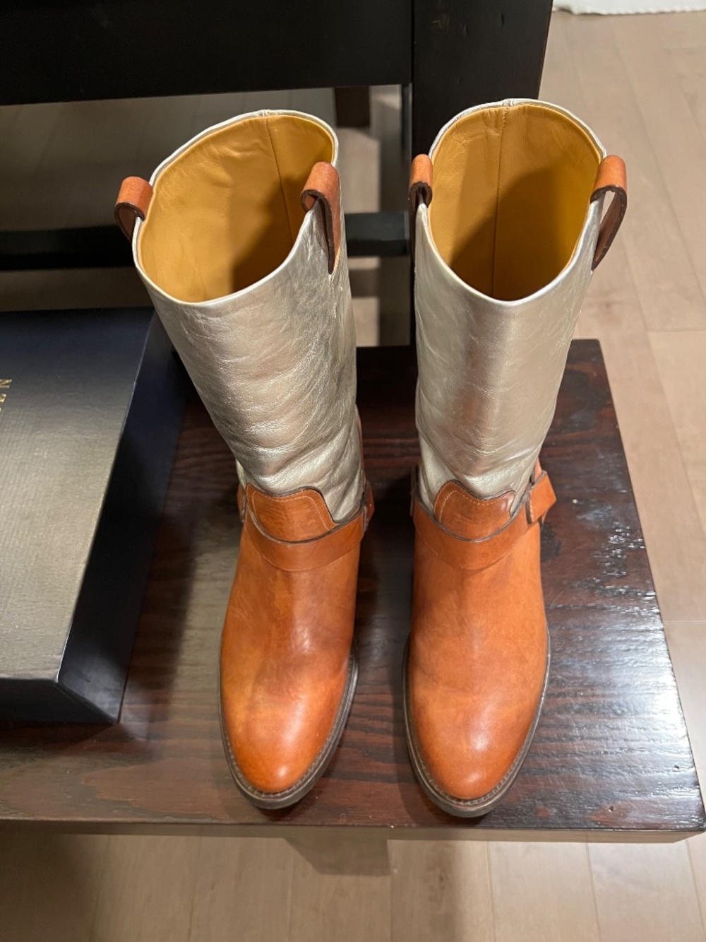NEW Ralph Lauren Purple Label Silver and Ten Leather Boots Sz. 8 1/2 - Picture 3 of 13